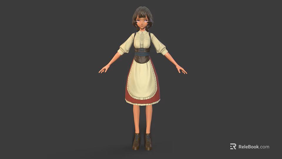 Traditional Costume Girl 3D Model Featuring White Blouse Brown Vest Beige Skirt And Brown Shoes 3d model 