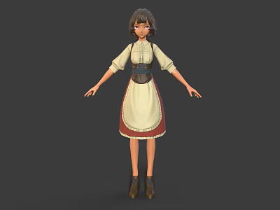 Traditional Costume Girl 3D Model Featuring White Blouse Brown Vest Beige Skirt And Brown Shoes 3d model