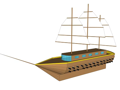 Traditional Sailing Ship With Multiple Masts White Sails Brown Hull And Blue Windows 3d model