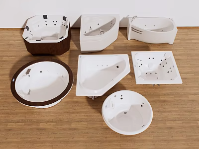 Various Bathtubs in Different Shapes with White and Brown Trim Details 3d model