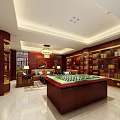 Liquor and Tobacco Store Interior with Displayed Moutai Products Red Wooden Shelves and Chandelier