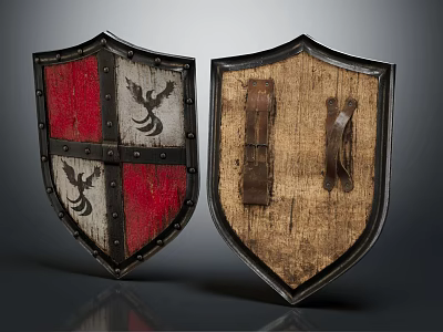 Medieval Shields Featuring Red White Design Eagle Emblem Wooden Leather Straps And Metal Rivets 3d model