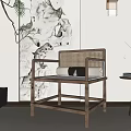 Chinese Style Leisure Chair With Wooden Frame Rattan Backrest Ink Painting Backdrop And Potted Plant