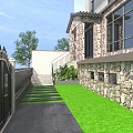 Beautiful Garden Landscape With Stone Wall Lawn Stone Pathway And Green Plants Trees