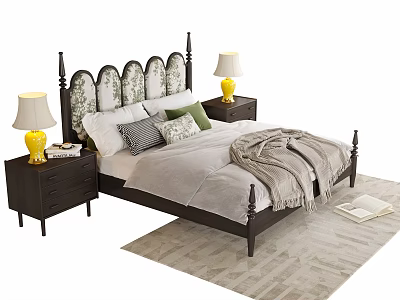 Double Bed With Carved Headboard Dark Wooden Frame Pillows Blanket And Nightstands With Lamps 3d model