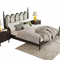 Double Bed With Carved Headboard Dark Wooden Frame Pillows Blanket And Nightstands With Lamps