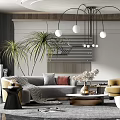 Modern Living Room Interior With Sofa Coffee Table Set Chandelier And Palm Plant
