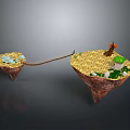 Floating Islands Connected by Wooden Bridge with Campfire Green Plants Stones and Water
