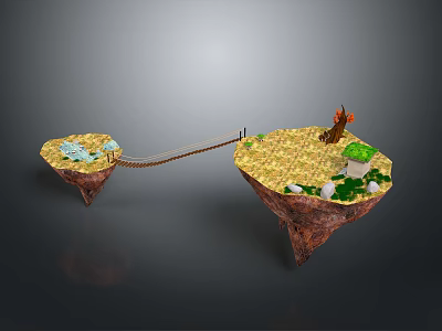 Floating Islands Connected by Wooden Bridge with Campfire Green Plants Stones and Water 3d model