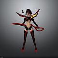 Female Character With Red Weapon And Creature Inspired Wings In Dark Red Outfit