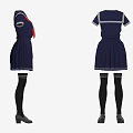 Dark Blue Sailor School Uniform Dress With Red Scarf And Black Stockings