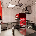 Fast Food Restaurant Interior With Red Walls Open Counter Menu Display And Tables