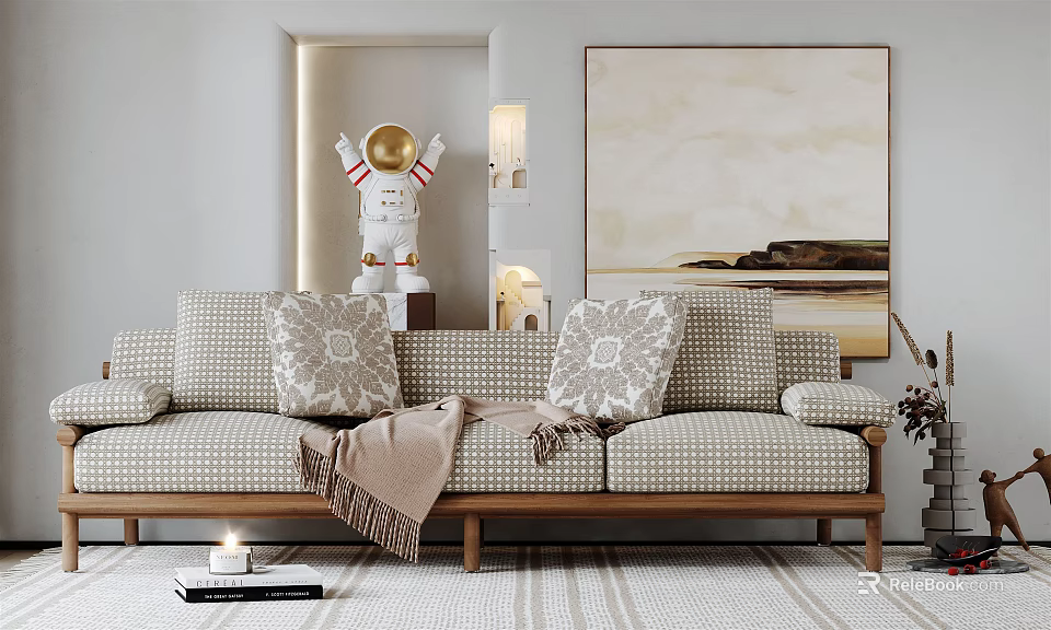 Three Seater Checkered Sofa With Decorative Pillows Throw Blanket Wall Art Rug Cozy Living Room 3d model 