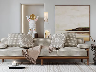 Three Seater Checkered Sofa With Decorative Pillows Throw Blanket Wall Art Rug Cozy Living Room 3d model