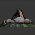 Circular Garden Decor With Stacked Wood Logs Surrounding Stones And Green Grass