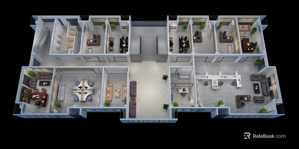 Modern Office Floor Plan With Multiple Workspaces Meeting Rooms And Plants 3d model