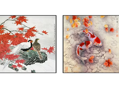 Animal Paintings Featuring Crane Koi Fish And Red Maple Leaves Artwork 3d model