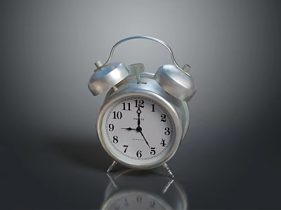 Silver Alarm Clock With Black Dial Two Bells And Reflective Surface On Dark Background 3d model