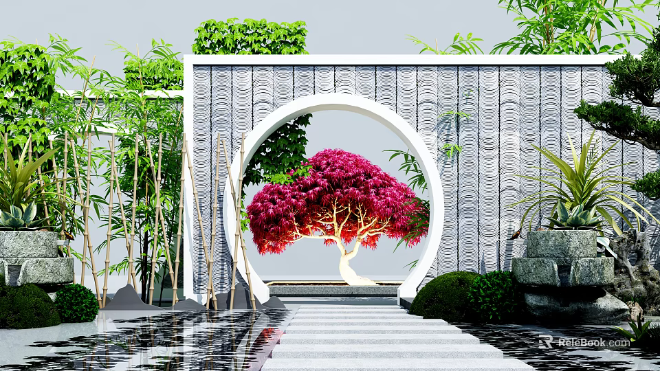 Traditional Garden Ornament Design With Round Arch Red Tree Bamboo And Stone Path 3d model 