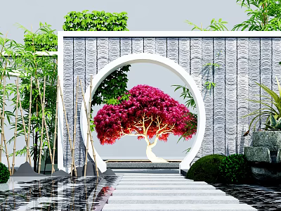 Traditional Garden Ornament Design With Round Arch Red Tree Bamboo And Stone Path 3d model
