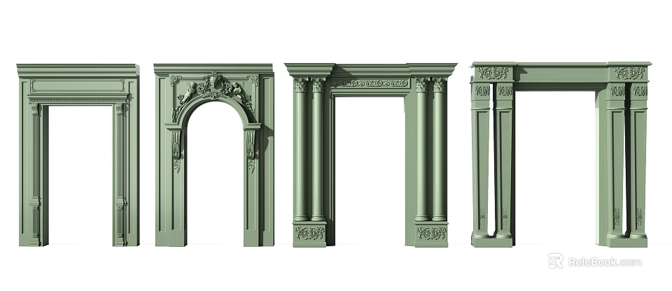 Green Arched Doorways With Classic Carved Details And Elegant Architectural Design 3d model 
