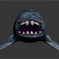 3D Rendered Fierce Blue Green Fish Character With Open Mouth Sharp Teeth And Yellow Eyes