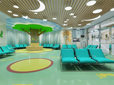 Vibrant Shop Reception Area with Blue Chairs Green Walls and Moon Star Ceiling 3d model