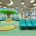Vibrant Shop Reception Area with Blue Chairs Green Walls and Moon Star Ceiling