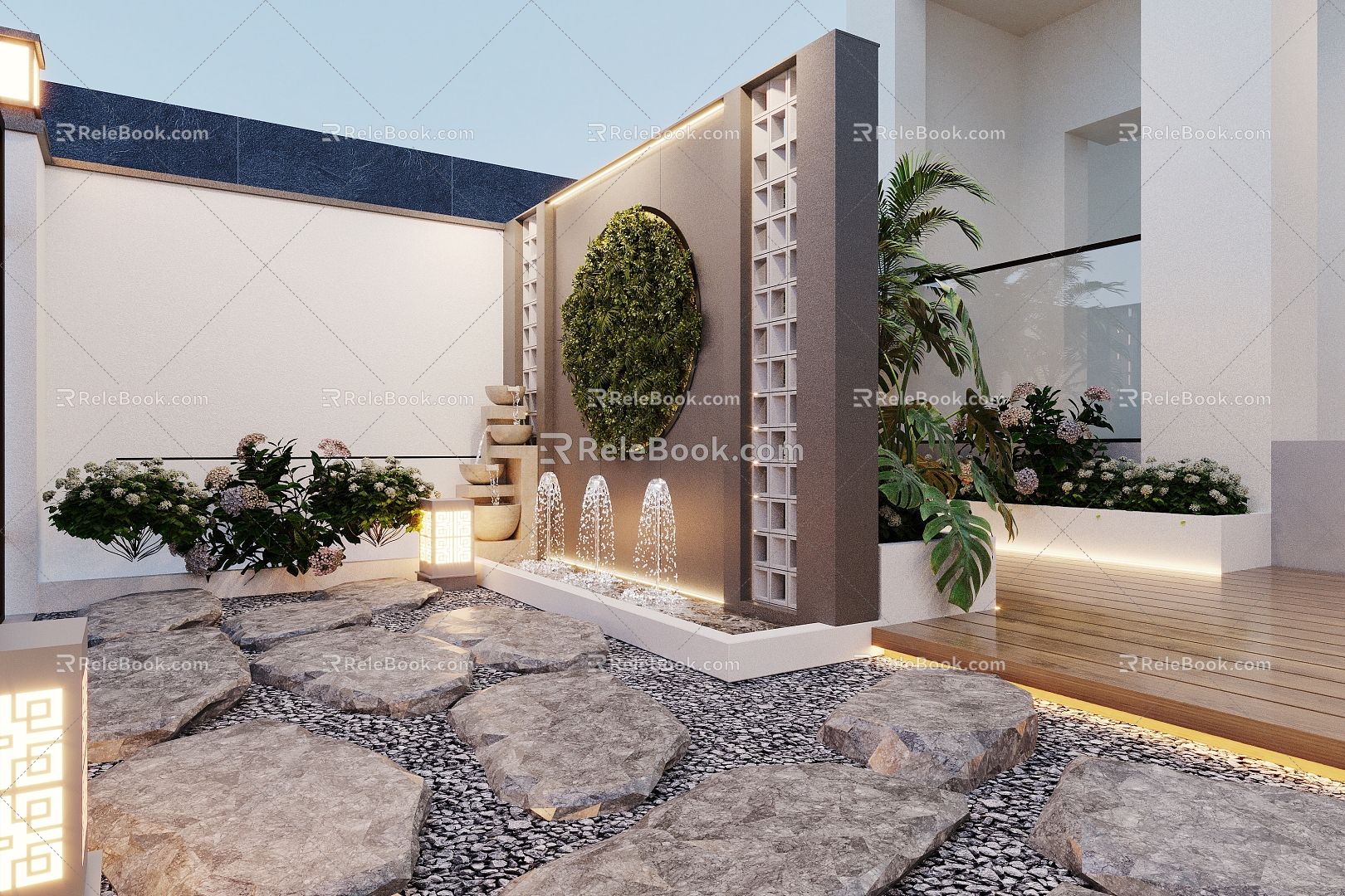 Modern Garden Courtyard Waterscape Plants Screen Fountain Stone 3d model