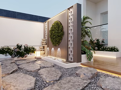 Modern Garden with Decorative Wall Circular Greenery Water Fountain Plants Stone Pathway Wooden Deck Lighting 3d model