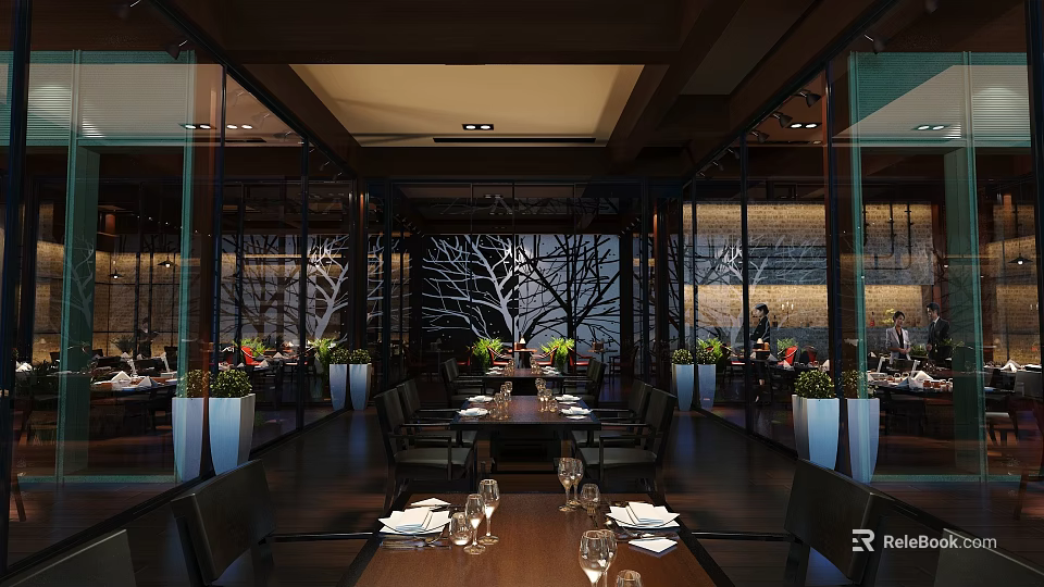 Elegant Modern Restaurant Interior With Neat Dining Table Settings And Decorative Tree Wall Art 3d model