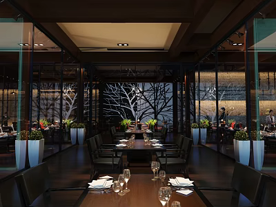 Elegant Modern Restaurant Interior With Neat Dining Table Settings And Decorative Tree Wall Art 3d model