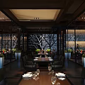 Elegant Modern Restaurant Interior With Neat Dining Table Settings And Decorative Tree Wall Art 3d model