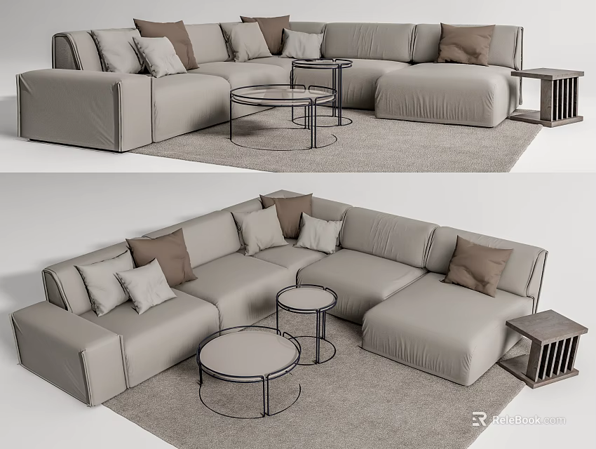 Light Gray Sofa And Coffee Table Set With Multiple Cushions Round Table Metal Frame 3d model