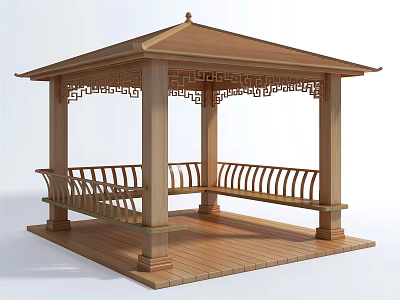 Traditional Wooden Pavilion With Carved Railings Bench And Wooden Platform 3d model