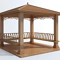 Traditional Wooden Pavilion With Carved Railings Bench And Wooden Platform