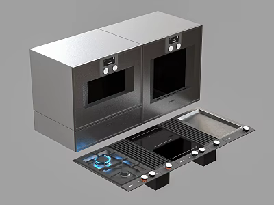 Modern Stainless Steel Kitchen Appliances With Double Microwave Ovens And Stove Top 3d model