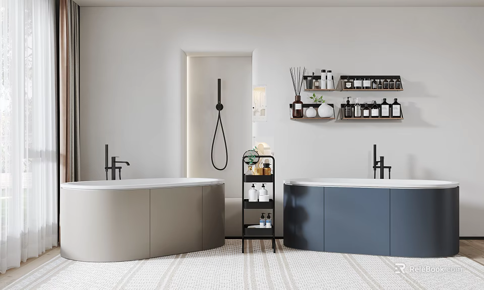Beige And Navy Blue Bathtubs In Modern Bathroom With Black Faucets Toiletries And Shelves 3d model 