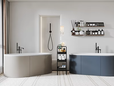 Beige And Navy Blue Bathtubs In Modern Bathroom With Black Faucets Toiletries And Shelves 3d model