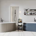 Beige And Navy Blue Bathtubs In Modern Bathroom With Black Faucets Toiletries And Shelves