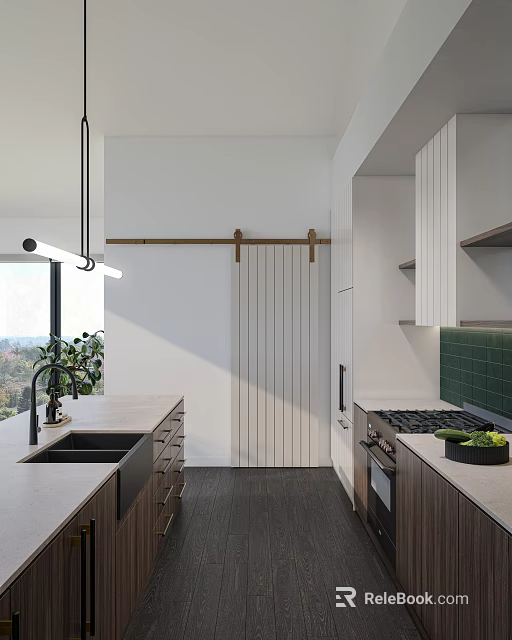 Modern Kitchen Interior With Wooden Sliding Door Light Countertop Green Tile Backsplash And Cabinets 3d model 