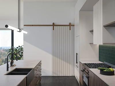 Modern Kitchen Interior With Wooden Sliding Door Light Countertop Green Tile Backsplash And Cabinets 3d model