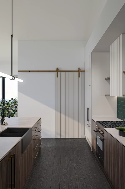 Modern Kitchen Interior With Wooden Sliding Door Light Countertop Green Tile Backsplash And Cabinets 3d model