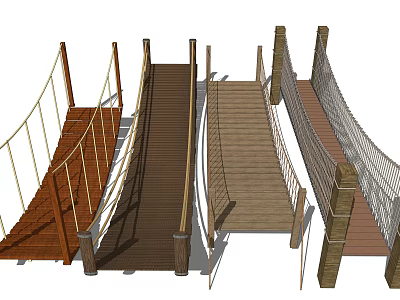 Various Wooden Rope Bridge Designs With Rope Railings And Wooden Planks 3d model