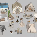 Assorted Camping Tents With Camper Van Tables Chairs Fire Pits And Umbrella