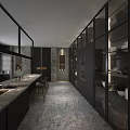 Modern Black Kitchen Interior With Island Counter Marble Top Glass Cabinets And Stools