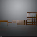 Modern Wooden Furniture Collection Including Table Benches And Lattice Bookshelf On Reflective Floor