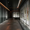 Modern Gallery Interior Design With Displayed Artworks Dark Walls And Wooden Floors