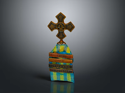 Decorative Cross Sculpture With Stacked Colored Wooden Planks And Intricate Carvings 3d model