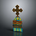 Decorative Cross Sculpture With Stacked Colored Wooden Planks And Intricate Carvings